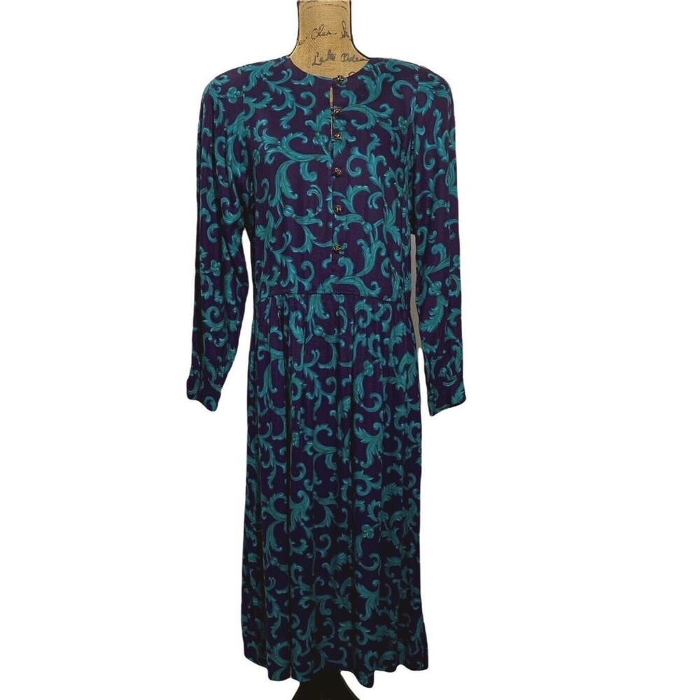 Vtg Dorothy‎ Samuel California Design Dress USA Sz 10 Purple Teal Green Leaf
